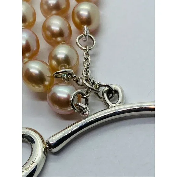 Tiffany & co. Elsa Peretti 3 Row Pink Pearl Heart Silver 925 Bracelet 7.5